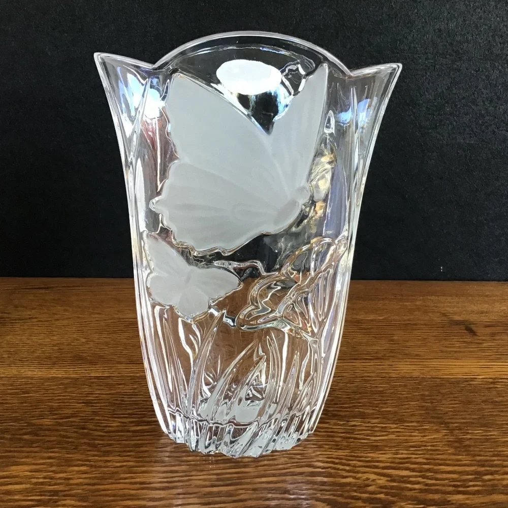 New Block Crystal Vase Butterfly Flowers Glass Hand Crafted Poland
